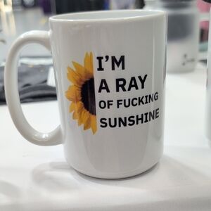 White Ceramic Mug with Yellow Sunflower and Bold Text